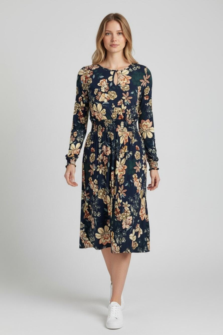 SJS Sz L Midi Dress Keyhole Neck Smocked Waist Navy Floral Stretch Knit Office